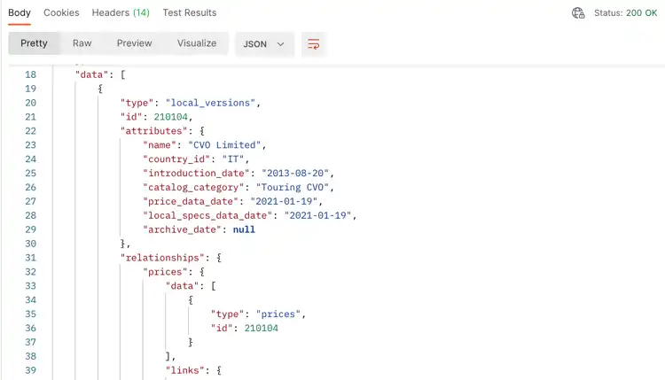 JSON data output from the MOTOPRIX API interface