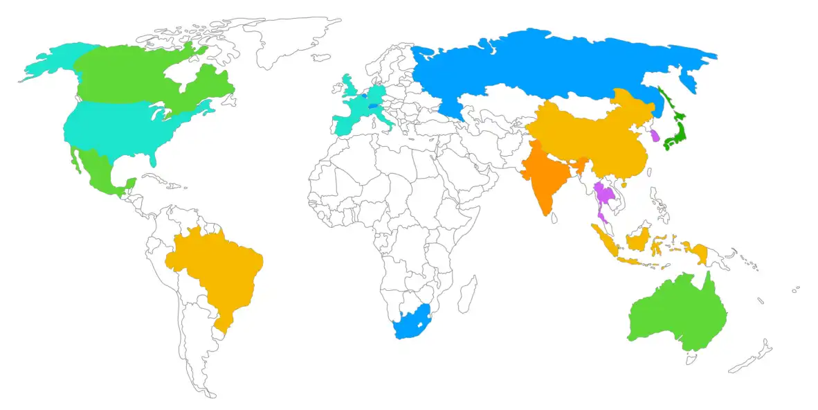 World map highlighting regions and countries currently covered by the MOTOPRIX Pricing Data Service