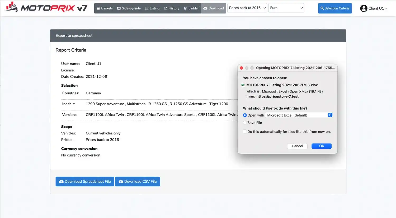 MOTOPRIX Download tool - Export any report to a spreadsheet or CSV file